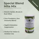 Special Blend Mite Mix bottle for spider, broad, rust mites control, featuring four predatory species for rapid infestation suppression.