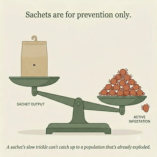 Diagram: a slow-release sachet on one side of a balance scale is outweighed by a crowd of spider mites on the other. Sachets are for prevention only — a sachet's slow trickle cannot catch up to a population that has already exploded.