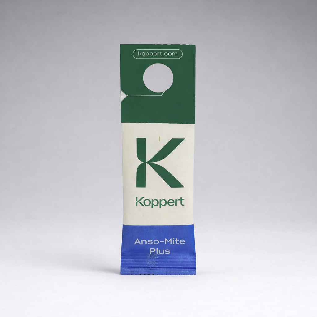 A rectangular sachet labeled Koppert and Amblyseius Andersoni Prevention Sachets features predatory mites for pest control. With a green, cream, and blue design, it hangs from a plant. The top flap displays koppert.com.