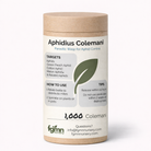 A cylindrical container labeled Aphidius Colemani for aphid biological control, with usage instructions, target pests, company details, and a leaf graphic on a white background.