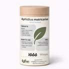 A cylindrical container labeled "Aphidius matricariae" for aphid control includes 1000 parasitic wasps, usage instructions, target pests, tips, a green leaf graphic, and contact info for fgmnursery.com.