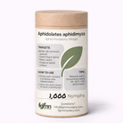 Aphidoletes aphidimyza offers 1,000 nymphs in a cylindrical container for biological aphid control, with usage instructions, target pests, tips, and contact info—perfect for Integrated Pest Management (IPM).