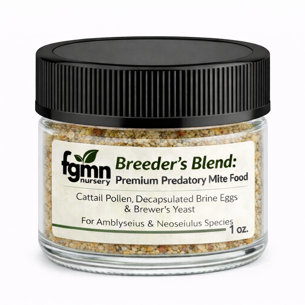 Breeder’s Blend: Premium Predatory Mite Food comes in a small clear 1 oz jar with a black lid. It’s a granular diet for generalist predatory mites, suitable for Amblyseius and Neoseiulus species.