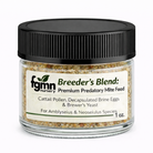 Breeder’s Blend: Premium Predatory Mite Food comes in a small clear 1 oz jar with a black lid. It’s a granular diet for generalist predatory mites, suitable for Amblyseius and Neoseiulus species.