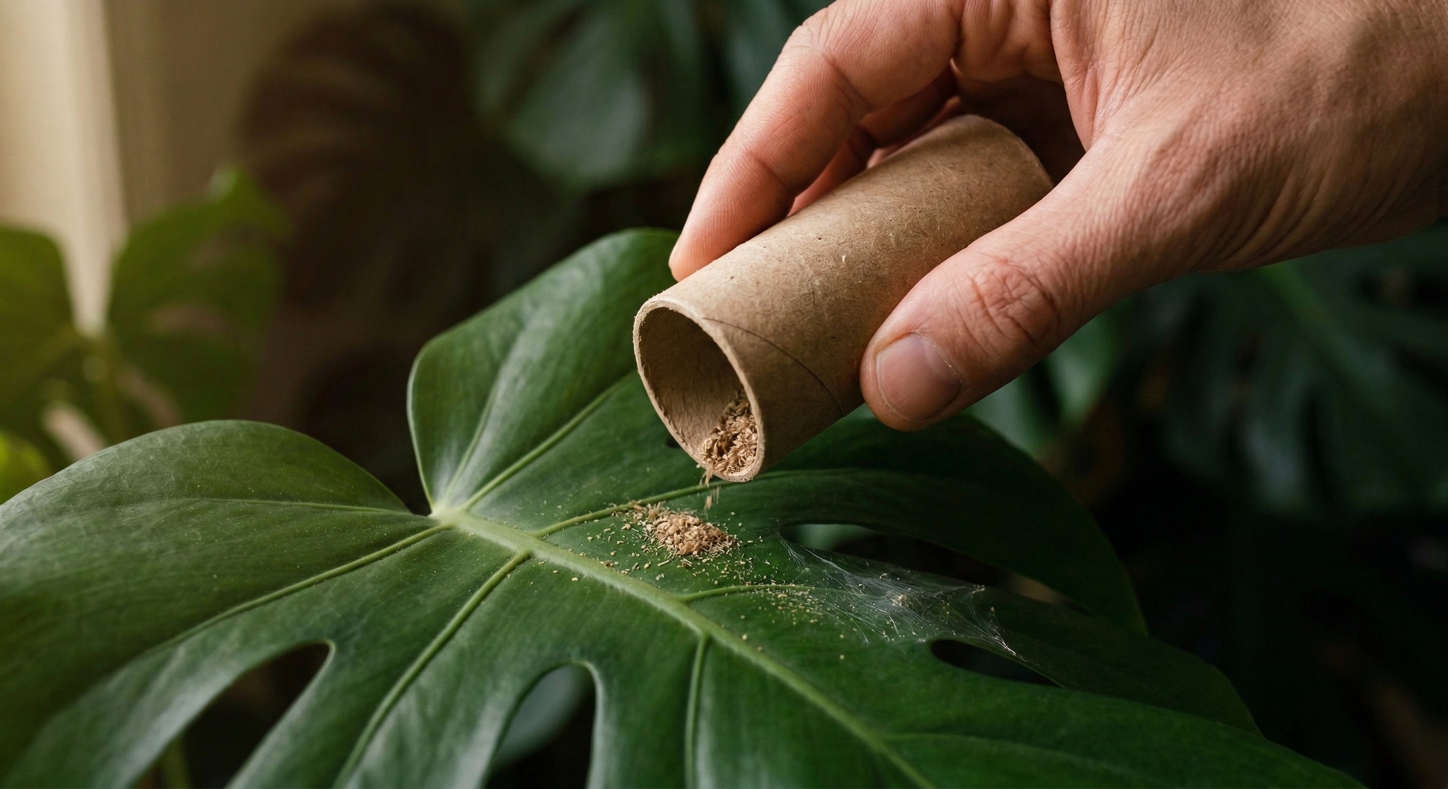Hand deploying predatory mites onto a plant leaf