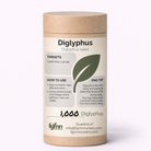 A cylindrical cardboard container labeled "Diglyphus isaea" for leafminer pest control features usage instructions, effective tips, a green leaf graphic, and nursery contact info on a light background.
