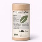 A cylindrical container labeled Green Lacewing Eggs, with care instructions, usage tips, a leaf graphic, and "1,000 Eggs" on the front. The fgmn nursery brand and contact info appear at the bottom for Integrated Pest Management.