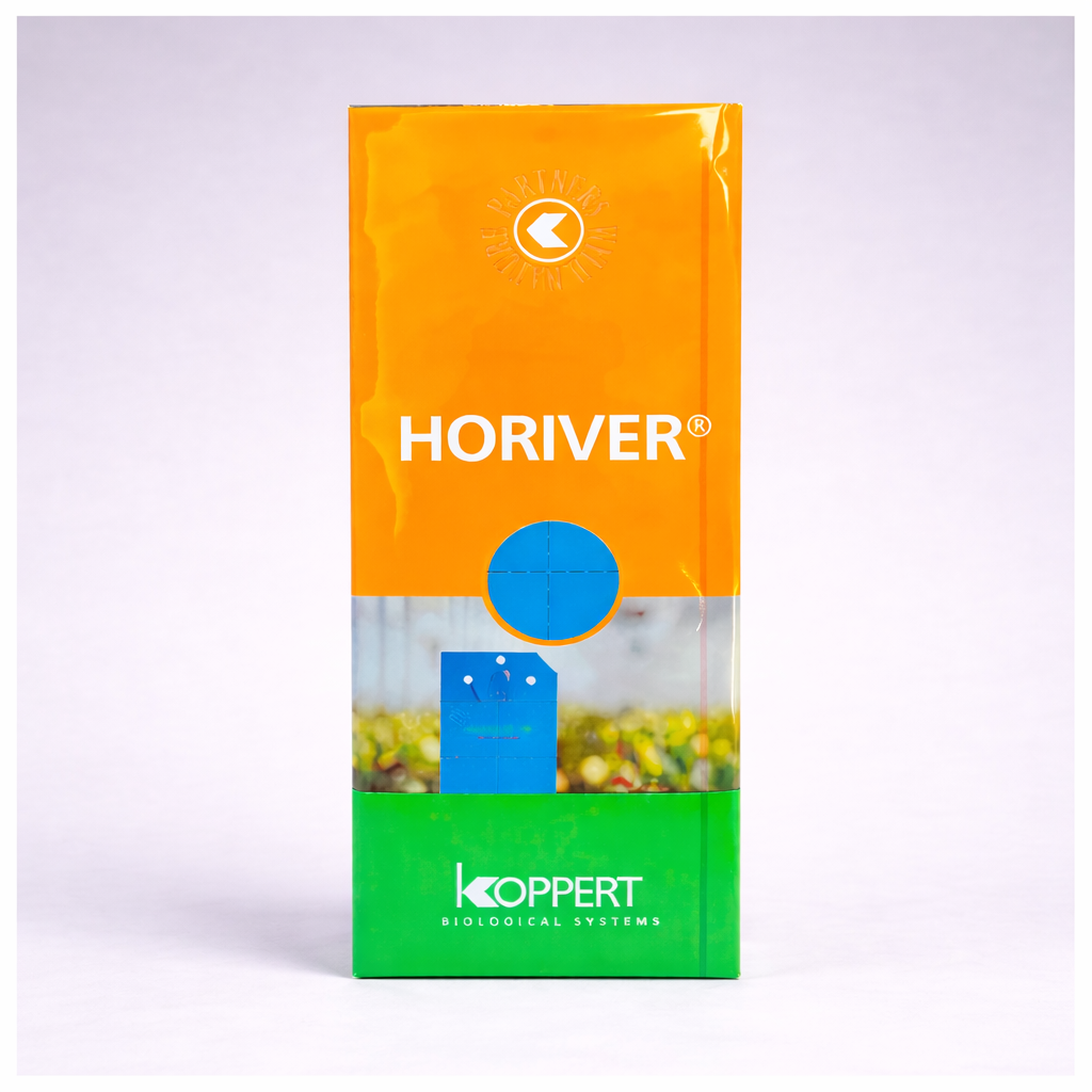 A rectangular box with orange and green design labeled "Horiver Professional Sticky Traps" from Koppert stands upright against a plain background, showcasing pesticide-free traps for Integrated Pest Management.