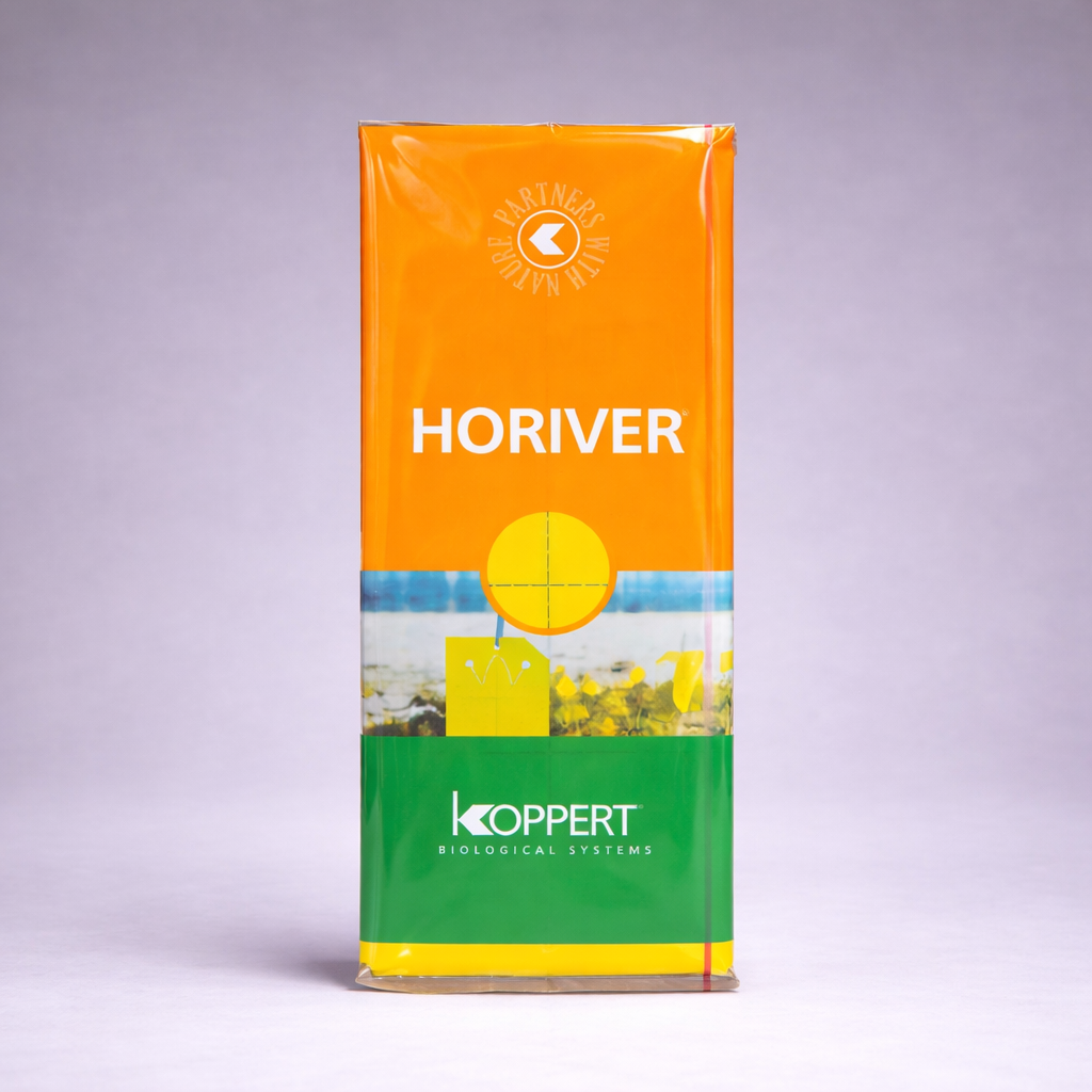 A rectangular yellow, orange, and green package labeled Horiver Professional Sticky Traps by KOPPERT stands upright against a neutral background, featuring a circular logo and field image to promote pesticide-free Integrated Pest Management.