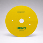 A round, yellow Horiver Professional Sticky Trap by Koppert with three small holes and a central hole stands upright against a plain gray background. "koppert.com" is printed at the top. Designed for pesticide-free Integrated Pest Management.
