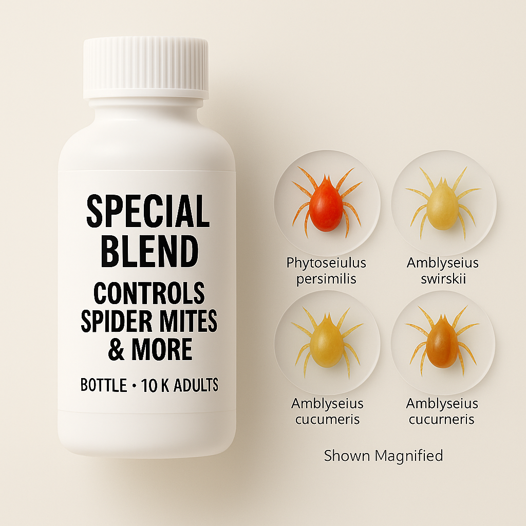 White bottle of Special Blend multi-species predatory mites with magnified illustrations of Phytoseiulus persimilis, Amblyseius swirskii, Amblyseius andersoni, and Amblyseius cucumeris.