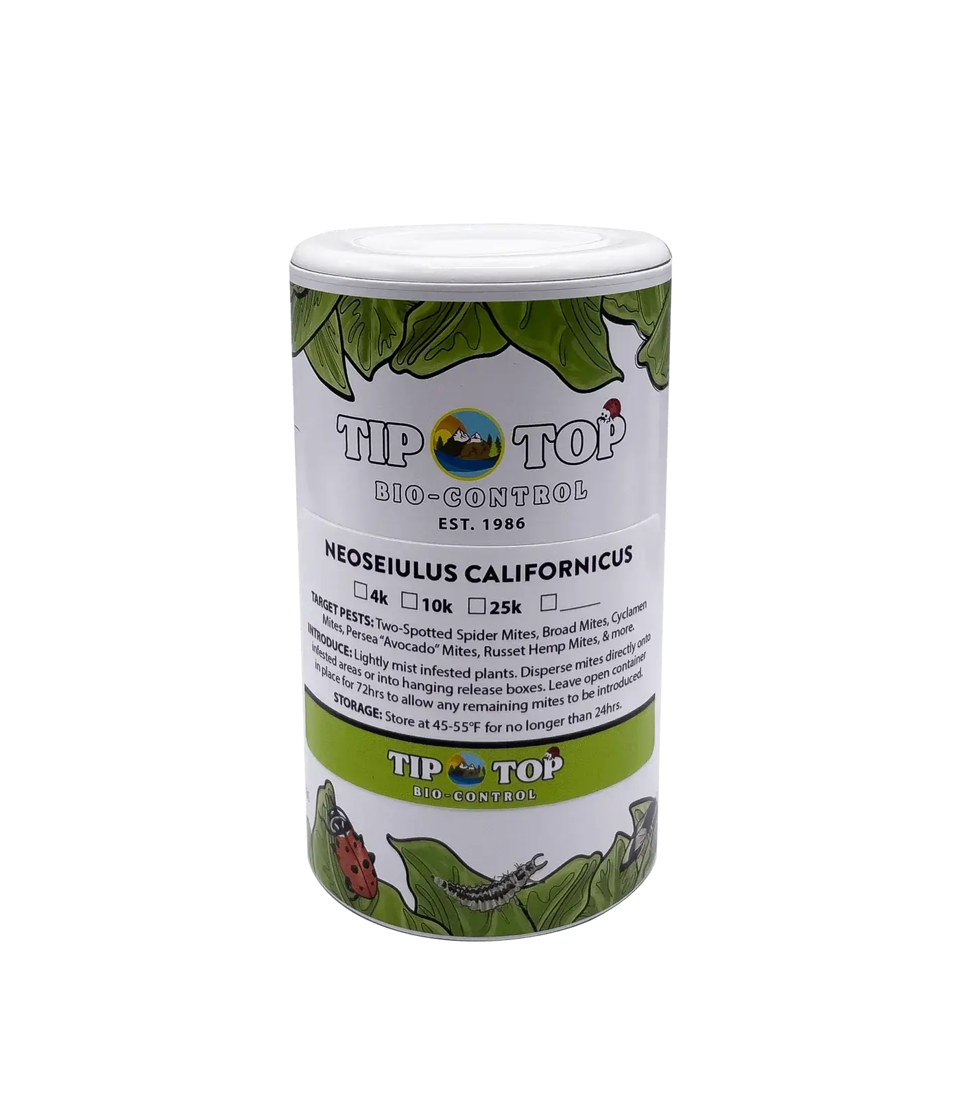 Neoseiulus californicus container - predatory mites for controlling spider mites and pests. Tip Top Bio-Control packaging.