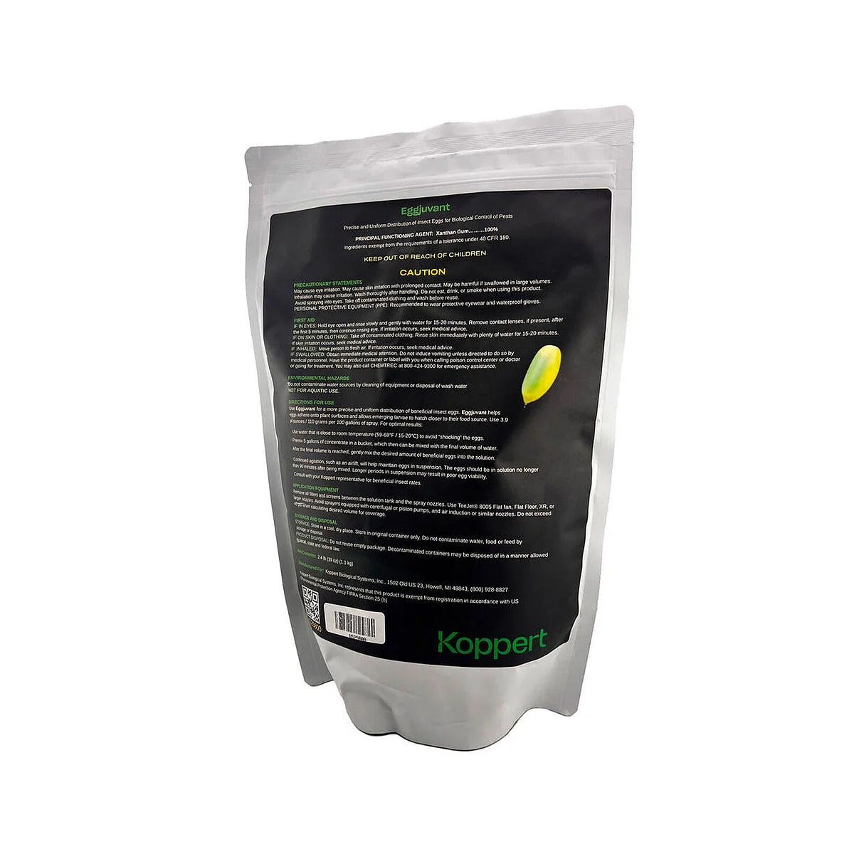 A silver and white resealable Koppert bag stands upright, displaying the back with instructions for using Green Lacewing Eggs in biological pest control, caution statements, and a small image of a yellow-green capsule containing the eggs.