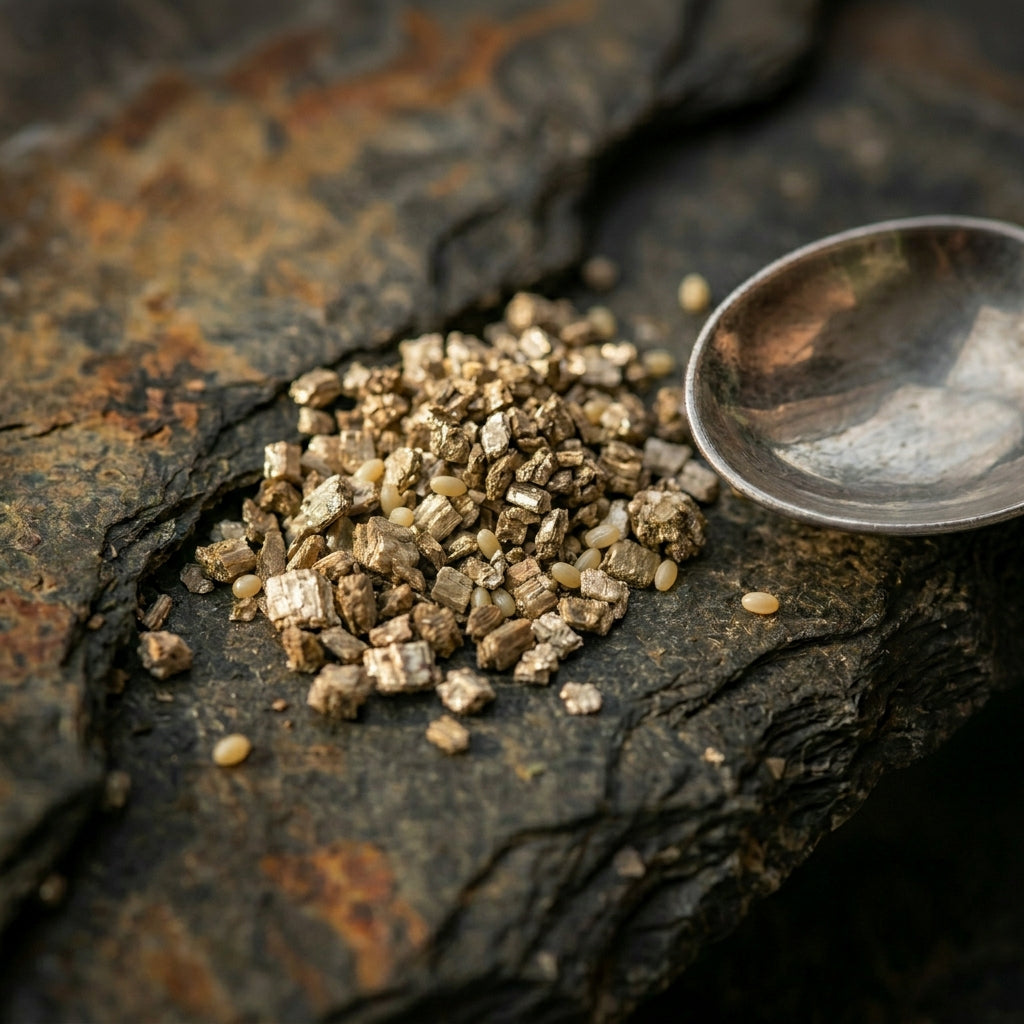 A cluster of tiny, pale yellow lacewing eggs are scattered and nestled within a pile of coarse vermiculite. The vermiculite appears as golden-bronze, metallic-looking mineral flakes with a rough, layered texture.