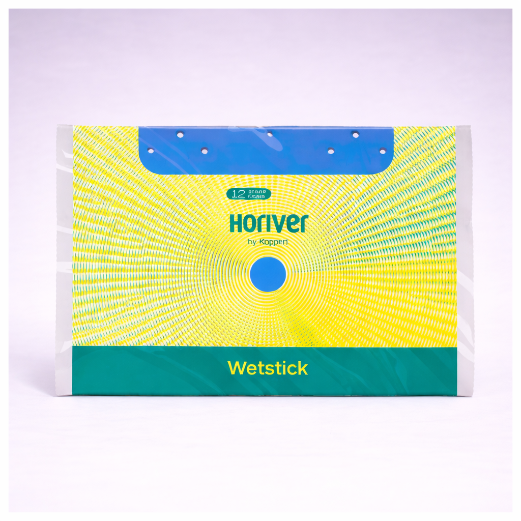 The Horiver Professional Sticky Trap, a rectangular yellow and blue trap by Koppert, stands upright against a white background. Ideal for Integrated Pest Management, its packaging displays a blue circle with concentric yellow rings.