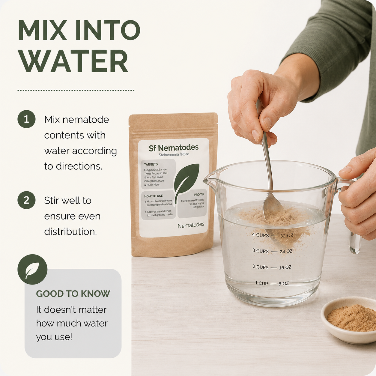 Person mixing nematodes with water in a measuring cup, with a package labeled 'SF Nematodes' in the background.