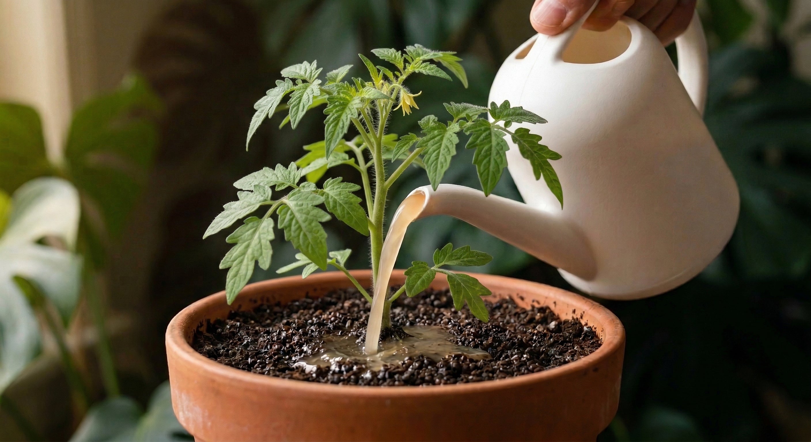 Watering can drenching soil with nematode solution