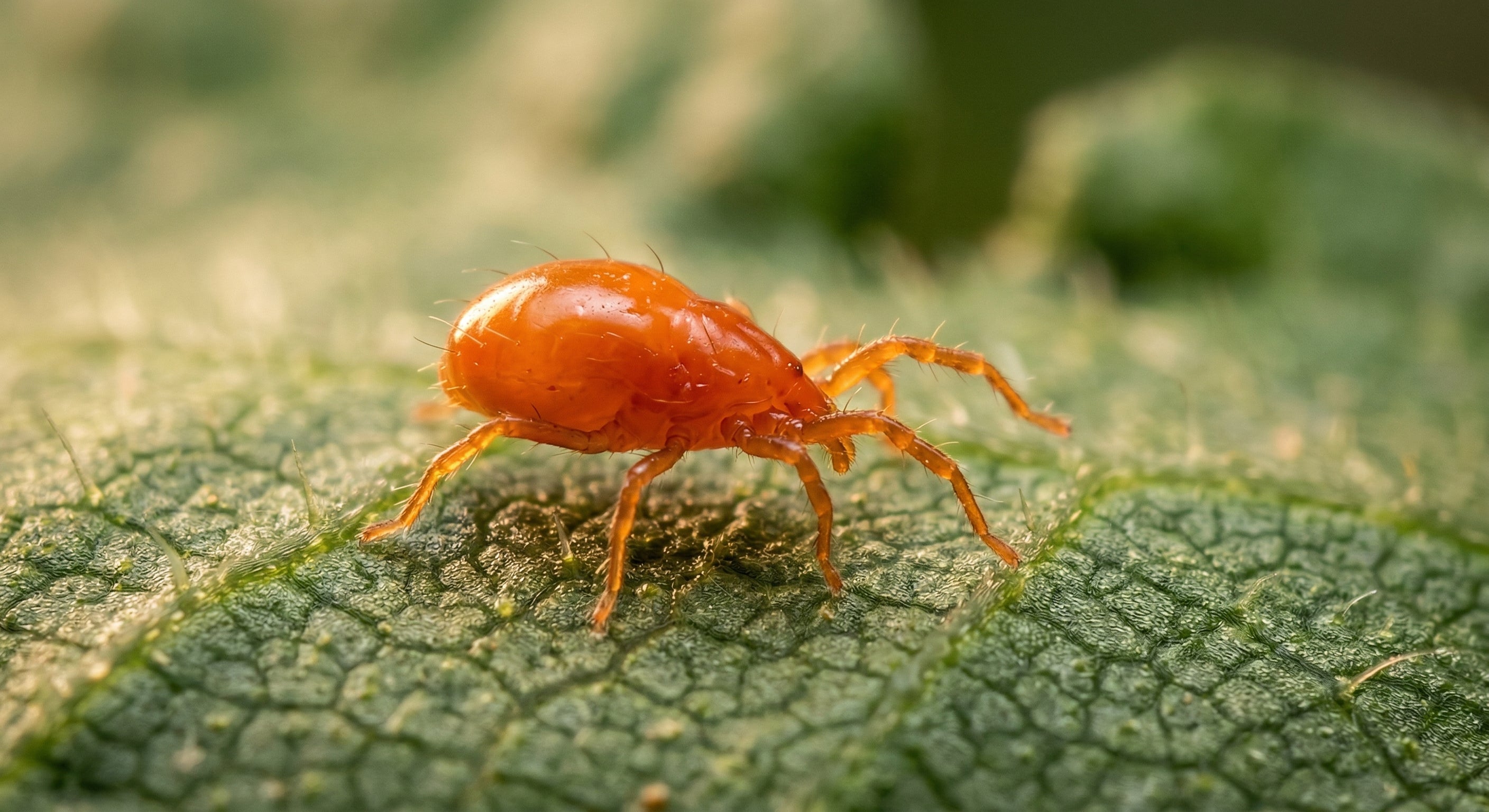 Phytoseiulus persimilis predatory mite hunting on a leaf — extreme macro