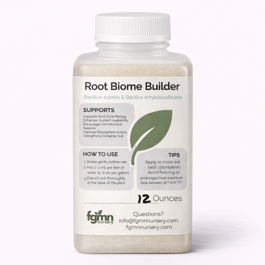 A white 12-oz bottle labeled Root Biome Builder, featuring green leaf graphics, instructions, tips, the fgm nursery logo, and contact info. This liquid biological inoculant is designed for container-grown plants.