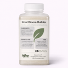 A white 12-oz bottle labeled Root Biome Builder, featuring green leaf graphics, instructions, tips, the fgm nursery logo, and contact info. This liquid biological inoculant is designed for container-grown plants.