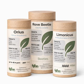 The Thrips Ultimate Control - Heavy Pest Pressure System comes in a white cylindrical container with plant leaf graphics. It details target pests like thrips, usage instructions, contact info, and its predatory mite biological eradication system.