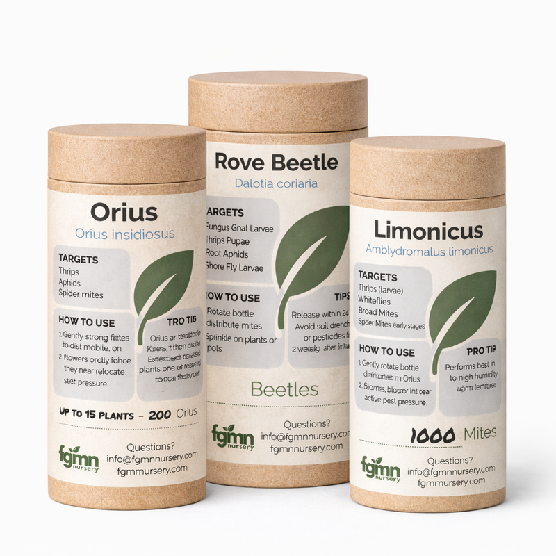 The Thrips Ultimate Control - Heavy Pest Pressure System comes in a white cylindrical container with plant leaf graphics. It details target pests like thrips, usage instructions, contact info, and its predatory mite biological eradication system.