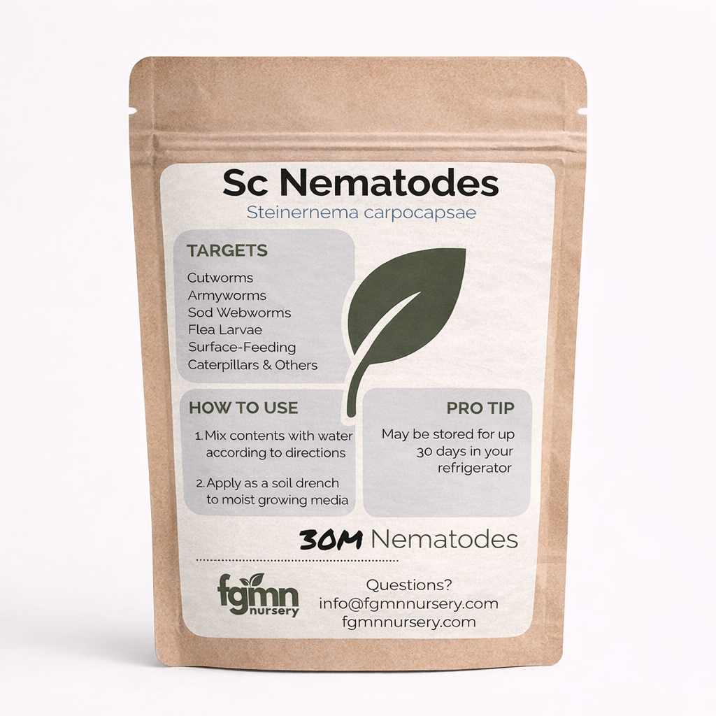 A brown and beige pouch labeled Sc Nematodes features instructions, target pests list including fleas, sod webworm control info, application tips, storage details, a green leaf graphic, and fgmn nursery contact info for nematode pest control.