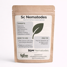 A brown and beige pouch labeled Sc Nematodes features instructions, target pests list including fleas, sod webworm control info, application tips, storage details, a green leaf graphic, and fgmn nursery contact info for nematode pest control.