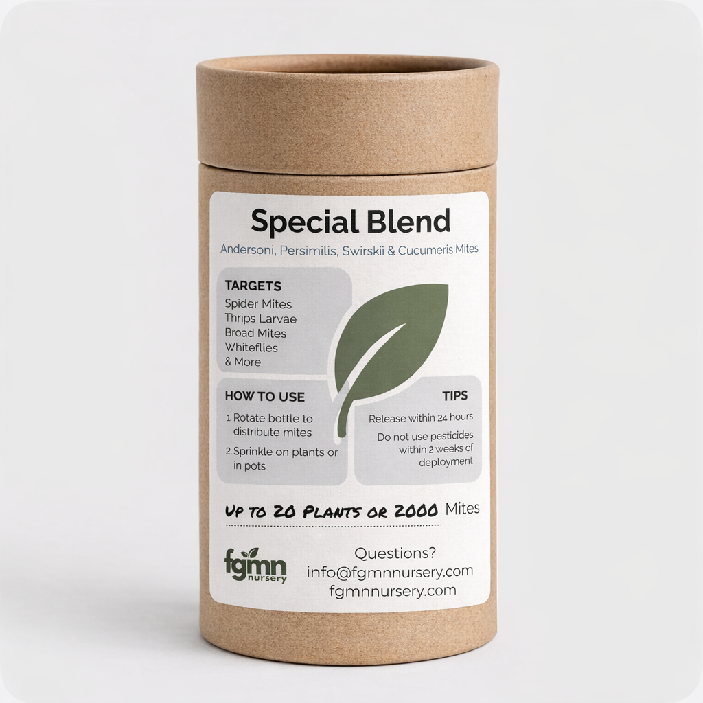 Kraft paper container with a label for a special blend predatory mite mix product on a white background