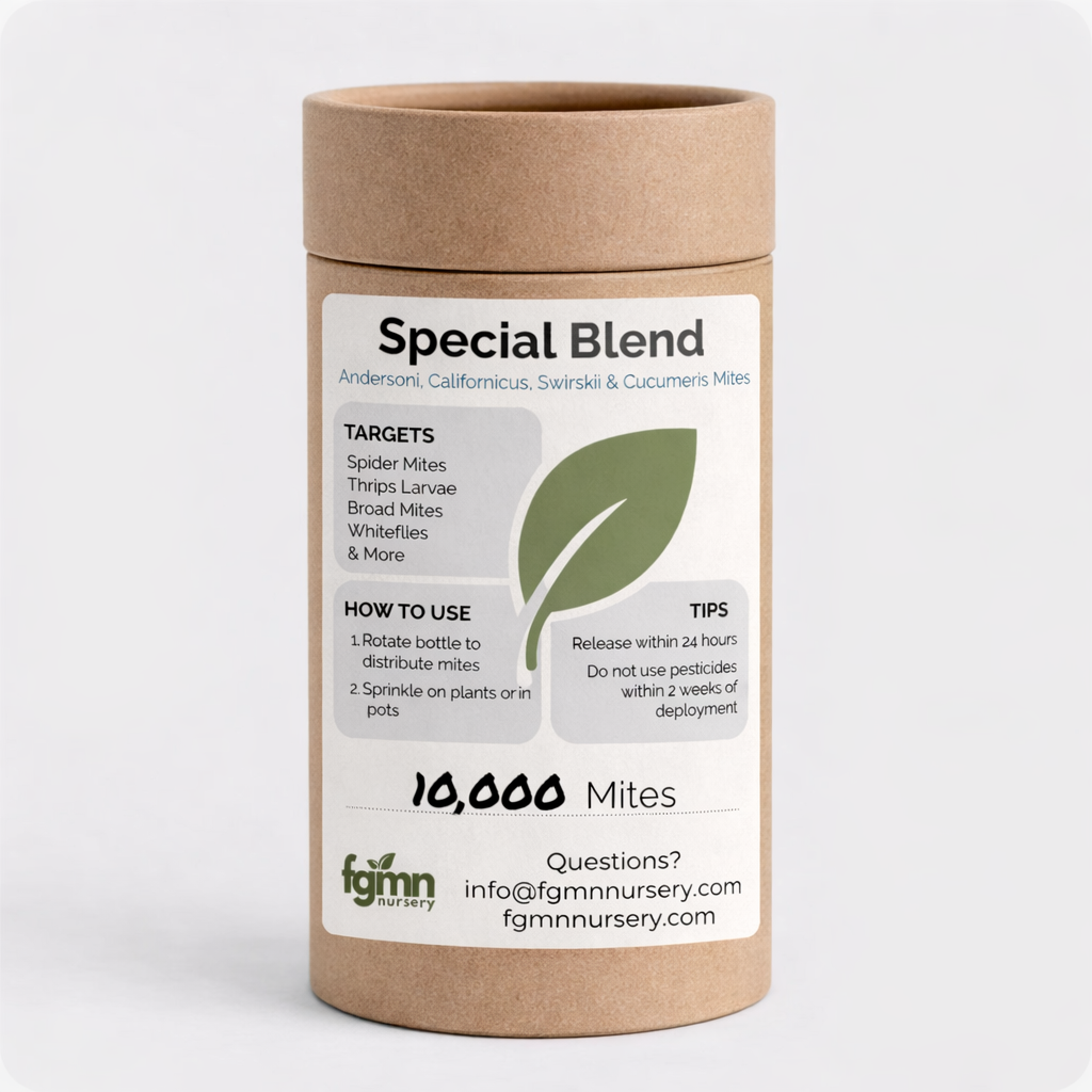 Kraft paper container with a label for Special Blend Predatory Mite 10k pest control product on a white background