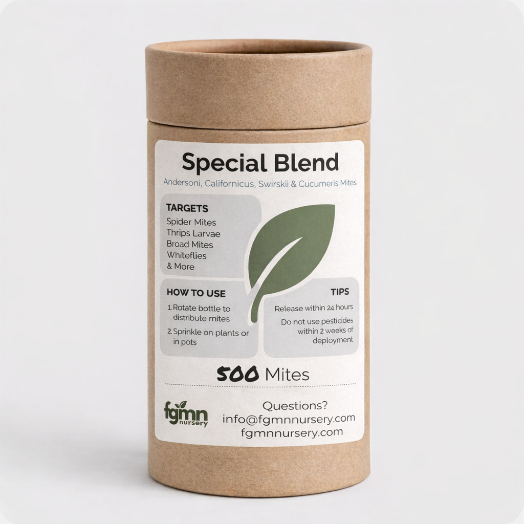 Kraft paper container with a label for a special blend predatory mite treatment blend with 500 mites on a white background