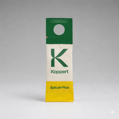 A small rectangular sachet labeled Neoseiulus Californicus Prevention Sachets with a green top, yellow bottom, and hanging hole, containing predatory mites for pest control, stands upright against a plain gray background.