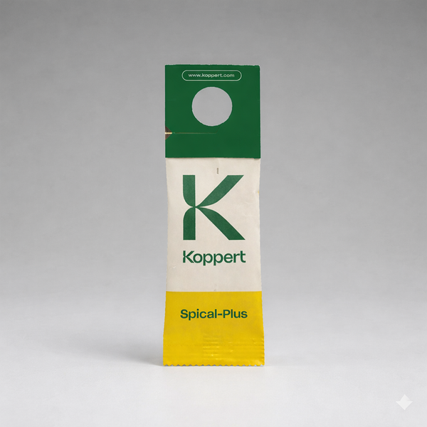 A small rectangular sachet labeled Neoseiulus Californicus Prevention Sachets with a green top, yellow bottom, and hanging hole, containing predatory mites for pest control, stands upright against a plain gray background.