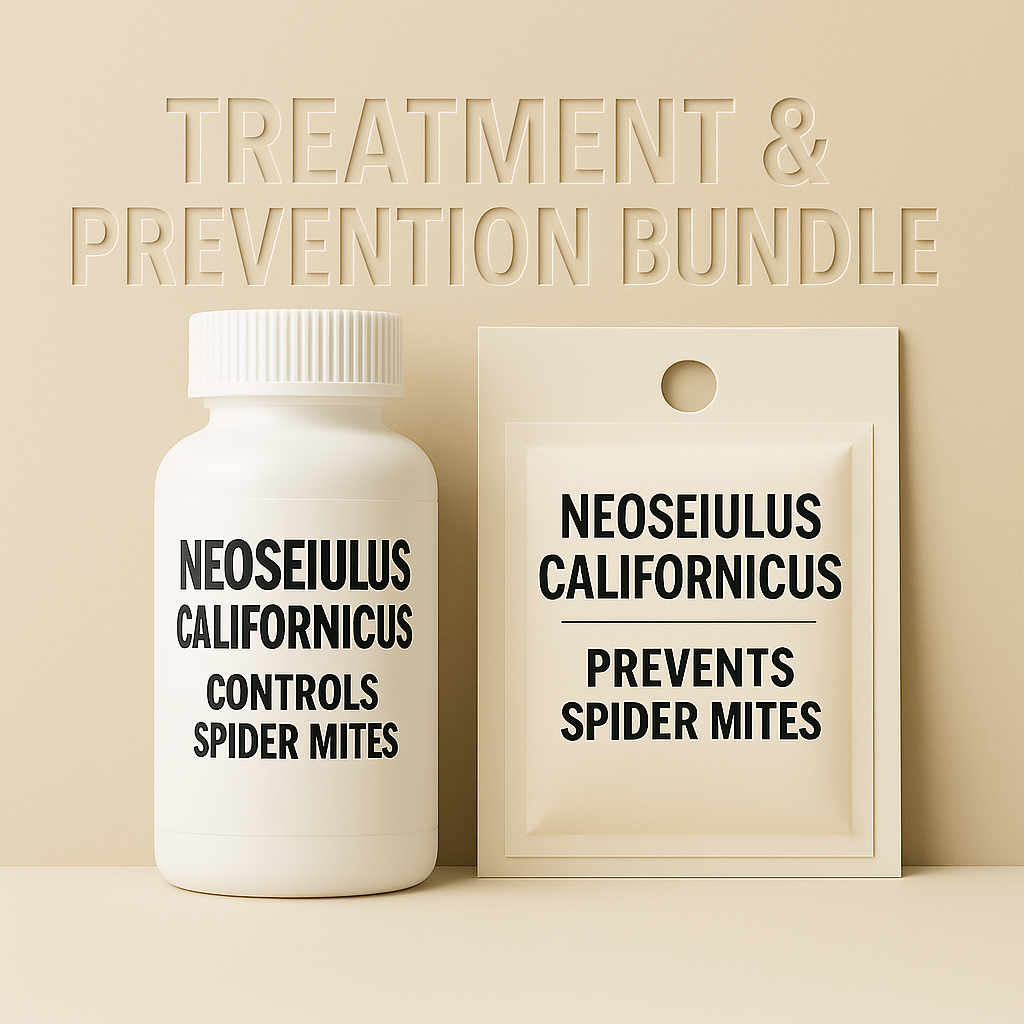 A bottle and sachet for complete spider mite control over the coarse of a month. 