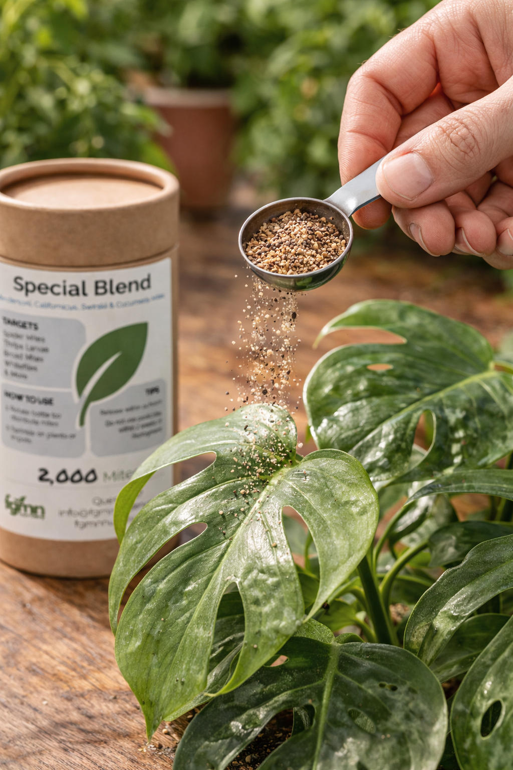 Person measuring and applying Special Blend plant predatory mites onto a Monstera plant on a wooden surface.