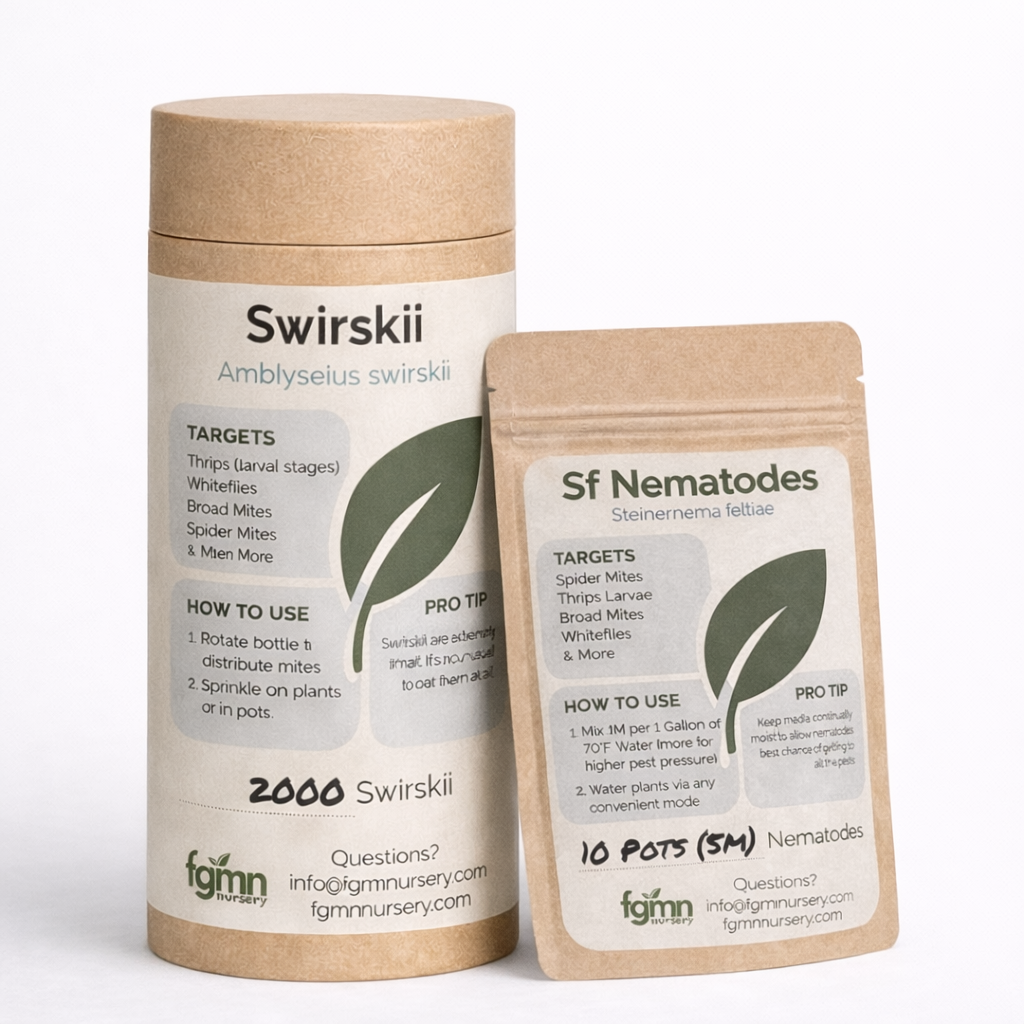 Thrips Rapid Response - Two Stage System features two brown packages yielding thrips control with predatory mites and nematodes, clear instructions, pro tips, green leaf design, target pests, and fgmnursery.com contact info.
