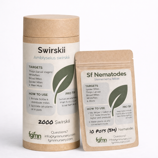 Thrips Rapid Response - Two Stage System features two brown packages yielding thrips control with predatory mites and nematodes, clear instructions, pro tips, green leaf design, target pests, and fgmnursery.com contact info.