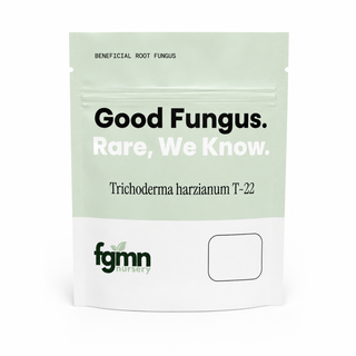 Pale green pouch of FGMN Trichoderma harzianum T-22 beneficial root fungus, reading 'Good Fungus. Rare, We Know.'