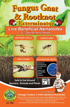 Packaging of Fungus Gnat Exterminators showcasing nematode benefits for fungus gnat treatment with Steinernema feltiae.