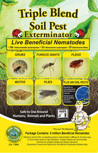 Triple Blend Soil Pest Exterminator packaging featuring beneficial nematodes for controlling grubs, gnats, fleas, and over 200 pests.