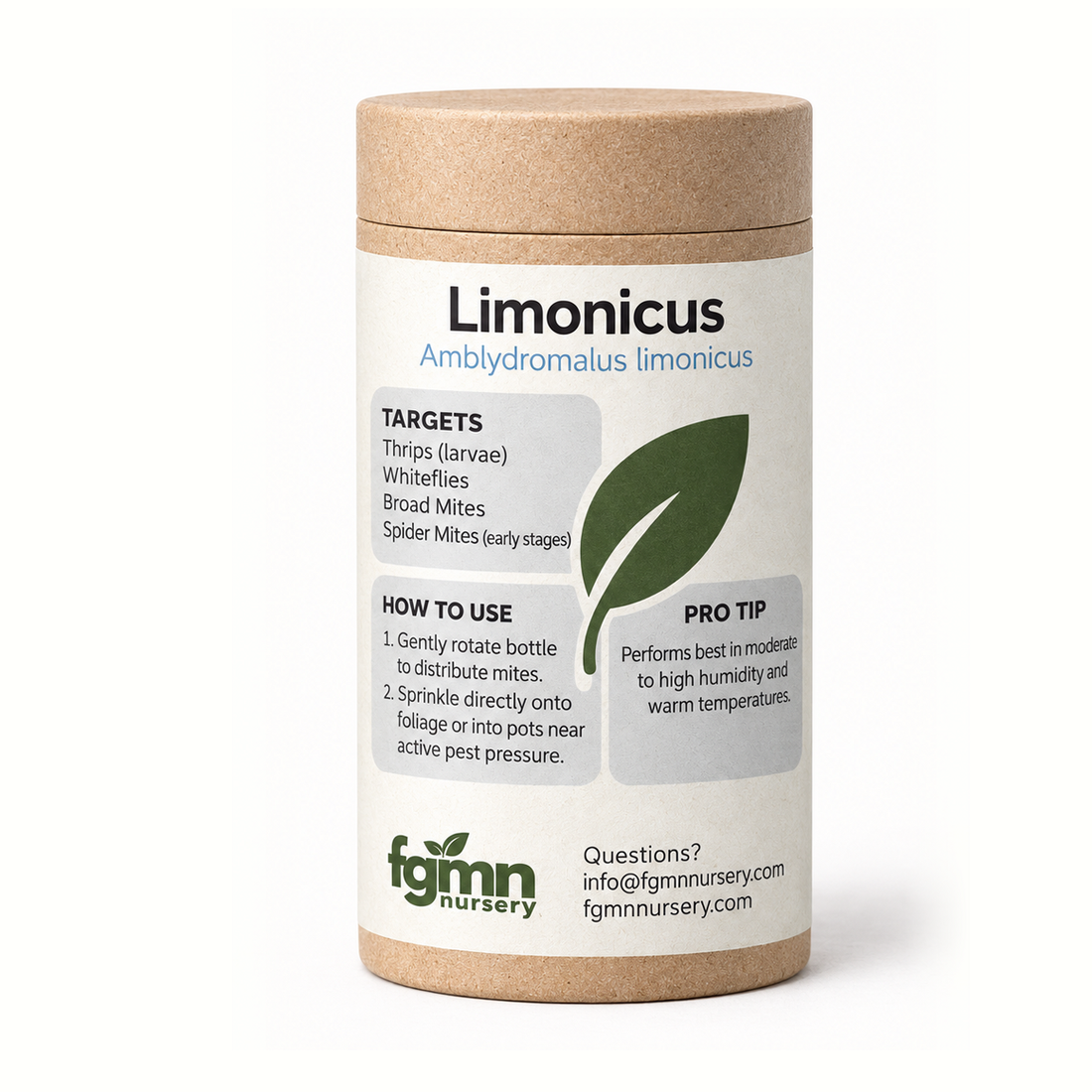 Kraft tube of FGMN Amblydromalus limonicus predatory mites, labelled for thrips and whitefly.