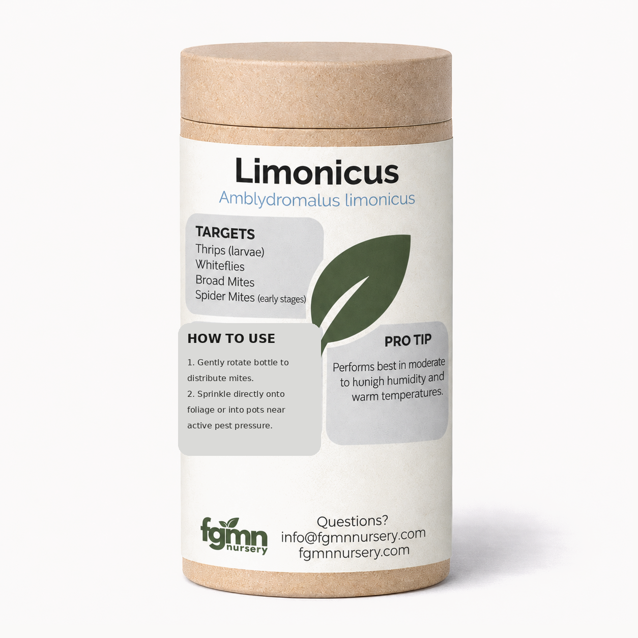 Kraft tube of FGMN Amblydromalus limonicus predatory mites, labelled for thrips and whitefly.