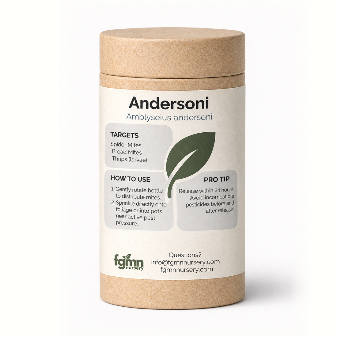Kraft tube of FGMN Amblyseius andersoni predatory mites, labelled for spider mites, russet mites and broad mites.