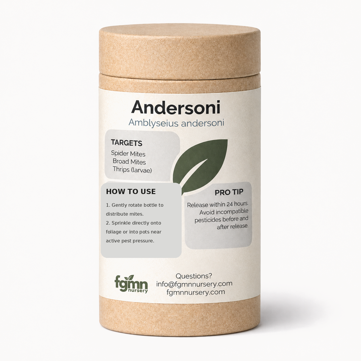 Kraft tube of FGMN Amblyseius andersoni predatory mites, labelled for spider mites, russet mites and broad mites.