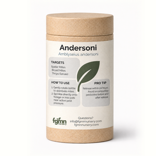 Kraft tube of FGMN Amblyseius andersoni predatory mites, labelled for spider mites, russet mites and broad mites.