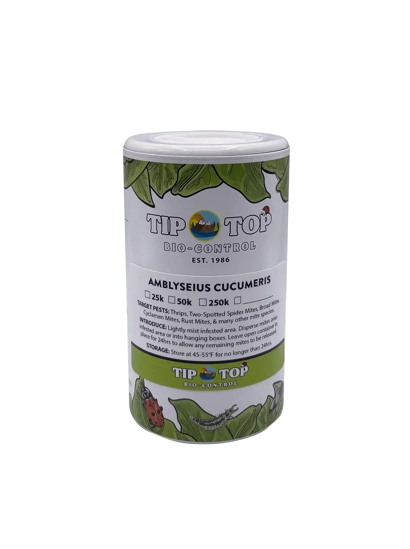 Bottle of Amblyseius cucumeris for pest control, ideal for thrips and spider mites. Suitable for greenhouses and gardens.