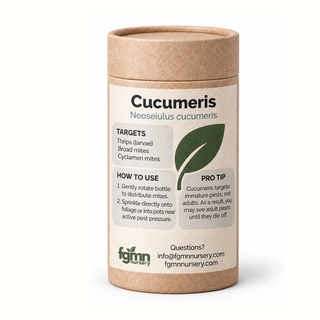 Kraft tube of FGMN Neoseiulus cucumeris predatory mites, labelled for thrips larvae.