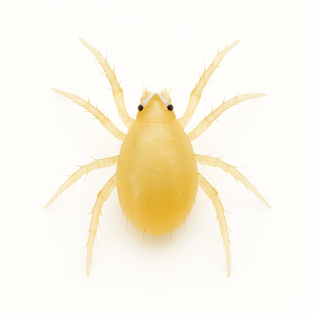 Amblyseius swirskii predatory mite on a white background – beneficial mite used in biological control of thrips, whiteflies, and other greenhouse pests.