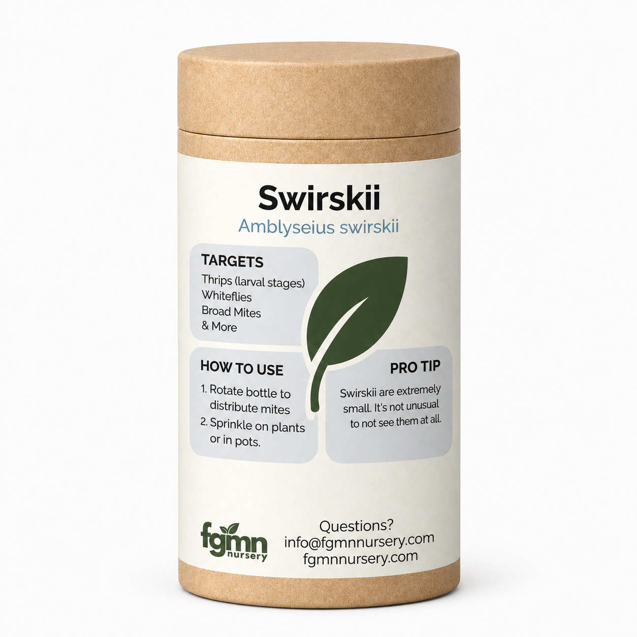 Kraft tube of FGMN Amblyseius swirskii predatory mites, labelled for thrips larvae, whiteflies and broad mites.
