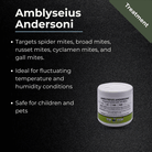 Amblyseius andersoni product bottle for spider mite treatment with temperature and humidity adaptability, safe for children and pets.